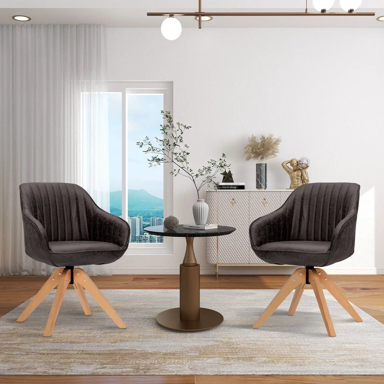 Modern Leathaire Set of 2 Swivel Accent Chair with Beech Wood Legs by DirectDeals