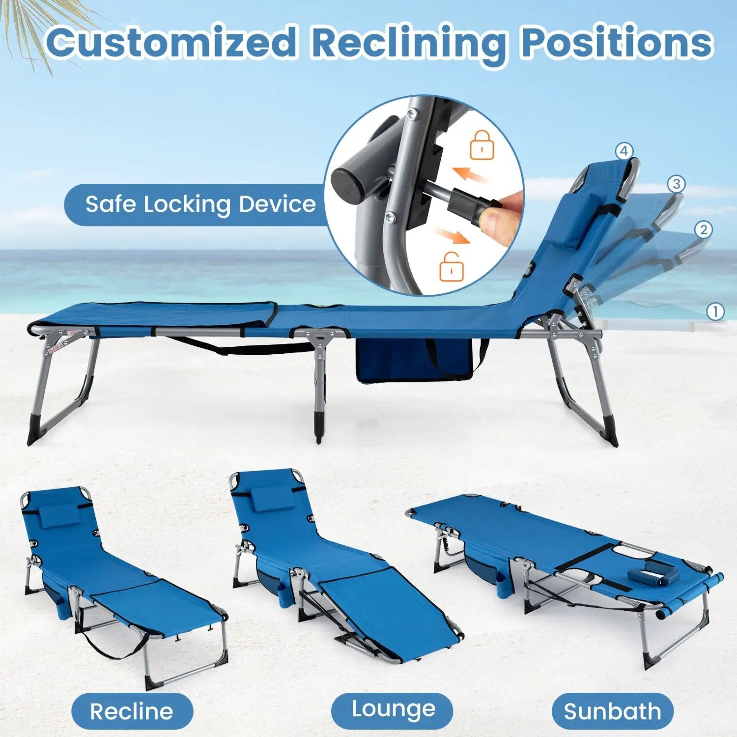 Set of 2 Tanning Chairs with Face Arm Holes Portable with 4-Level Backrest by DirectDeals