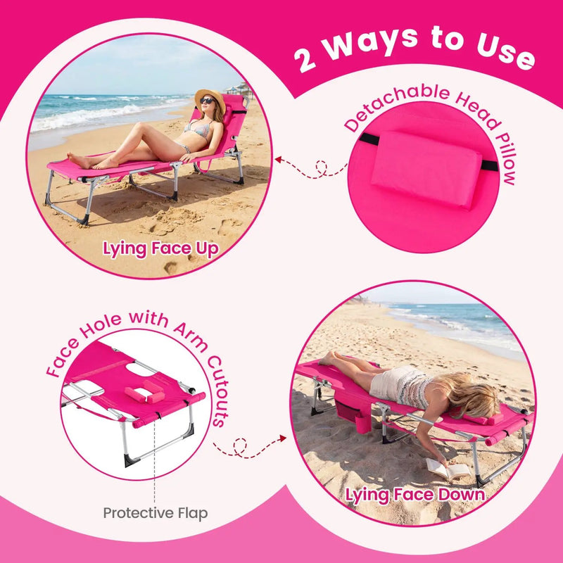 Set of 2 Tanning Chairs with Face Arm Holes Portable with 4-Level Backrest by DirectDeals