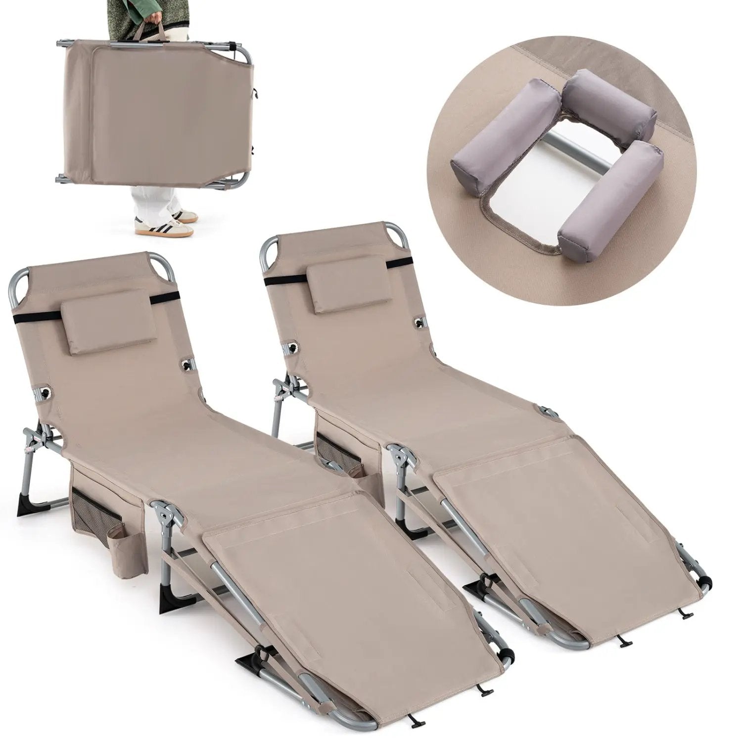 Set of 2 Tanning Chairs with Face Arm Holes Portable with 4-Level Backrest by DirectDeals