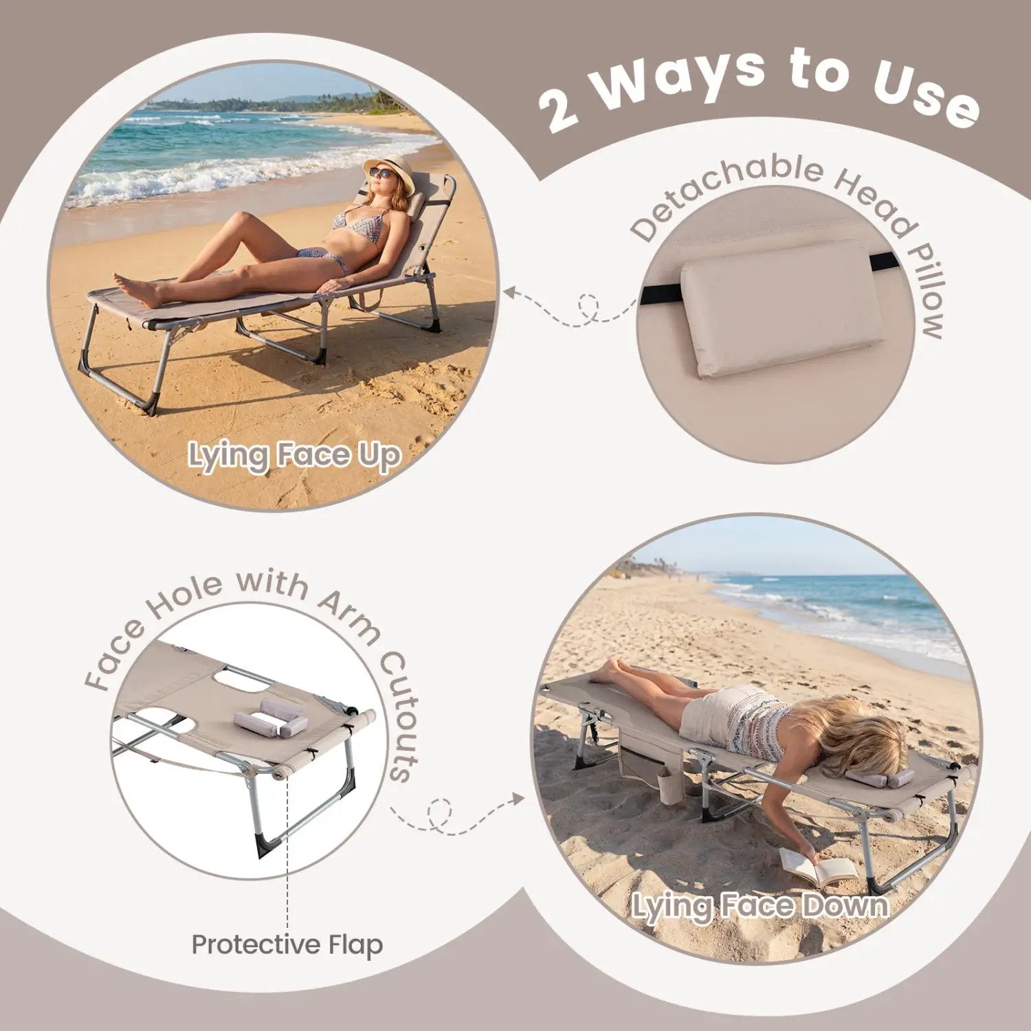 Set of 2 Tanning Chairs with Face Arm Holes Portable with 4-Level Backrest by DirectDeals