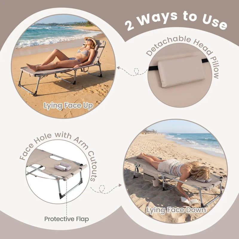 Set of 2 Tanning Chairs with Face Arm Holes Portable with 4-Level Backrest by DirectDeals