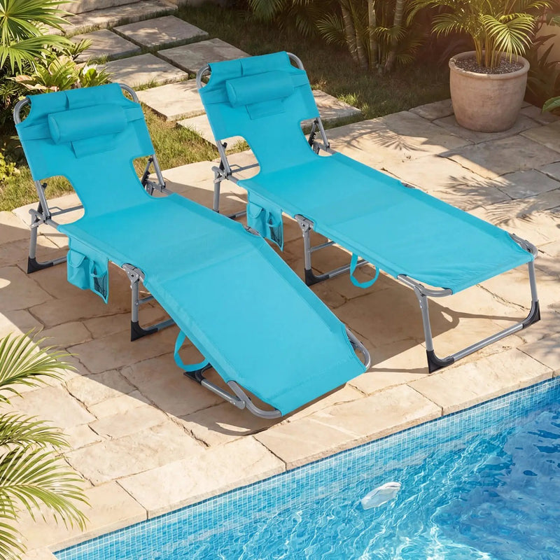 Set of 2 Tanning Chair Portable Chaise Lounge Chair with 4-Position Adjustable Backrest by DirectDeals