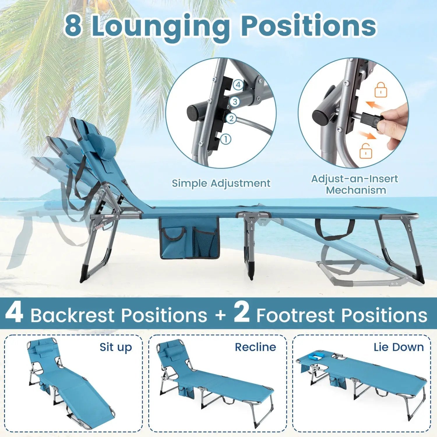 Set of 2 Tanning Chair Portable Chaise Lounge Chair with 4-Position Adjustable Backrest by DirectDeals