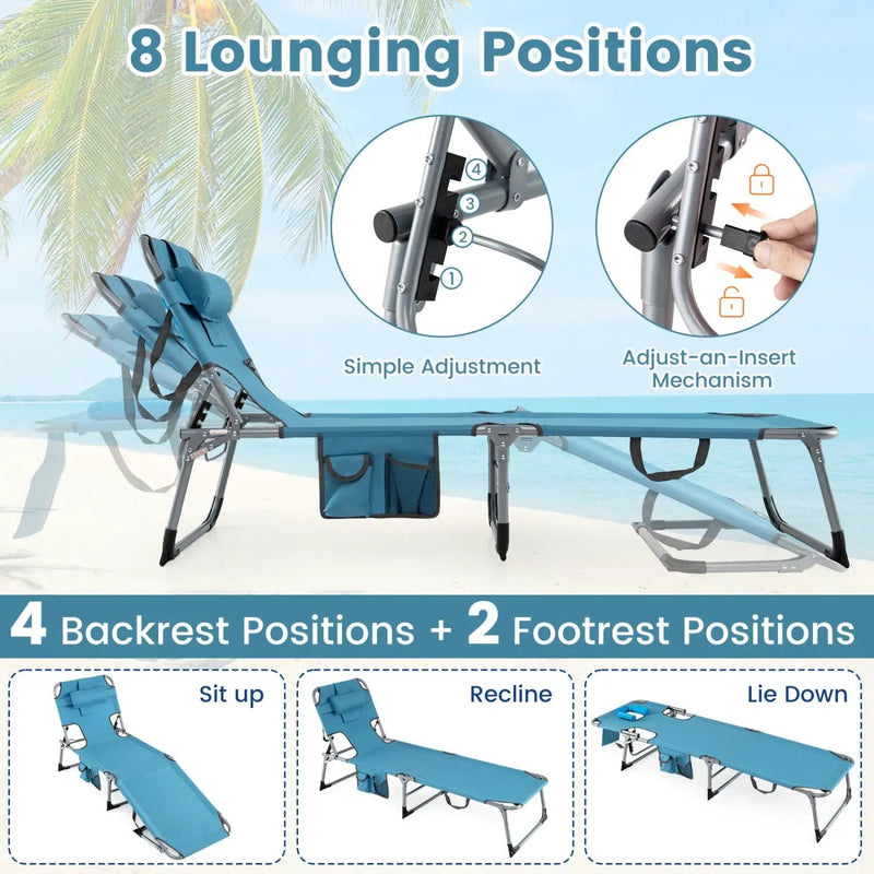 Set of 2 Tanning Chair Portable Chaise Lounge Chair with 4-Position Adjustable Backrest by DirectDeals