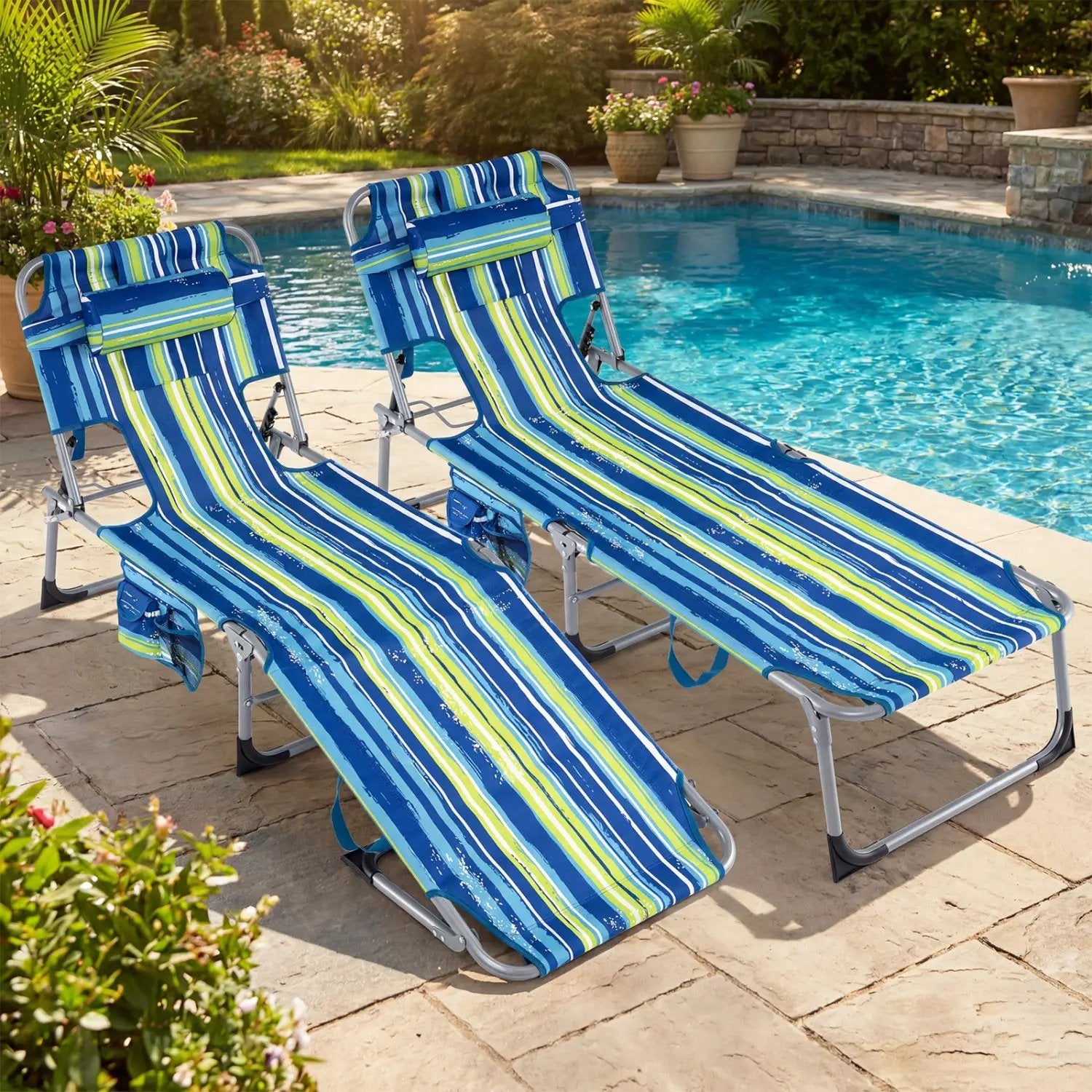 Set of 2 Tanning Chair Portable Chaise Lounge Chair with 4-Position Adjustable Backrest by DirectDeals