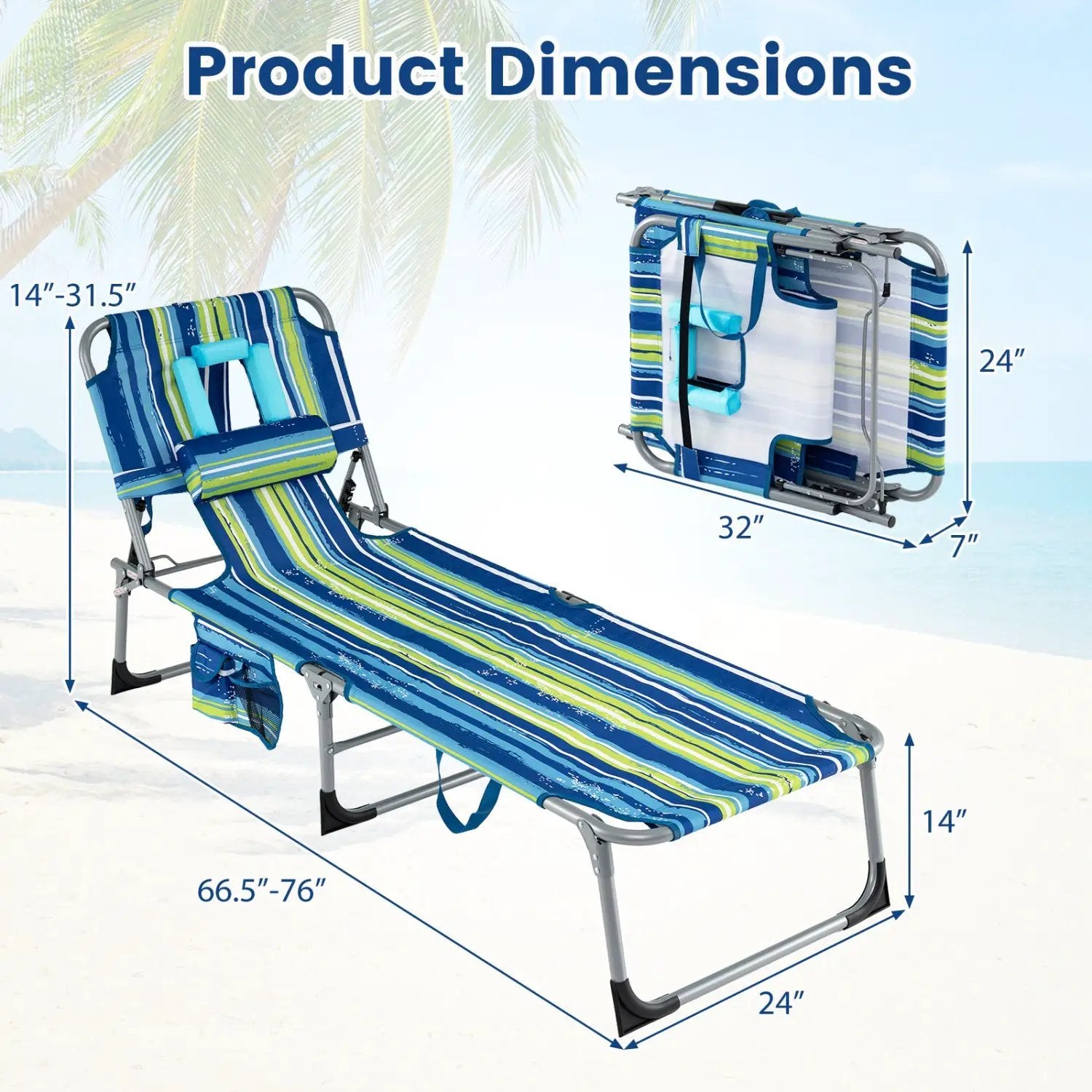 Set of 2 Tanning Chair Portable Chaise Lounge Chair with 4-Position Adjustable Backrest by DirectDeals