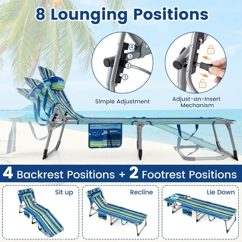 Set of 2 Tanning Chair Portable Chaise Lounge Chair with 4-Position Adjustable Backrest by DirectDeals