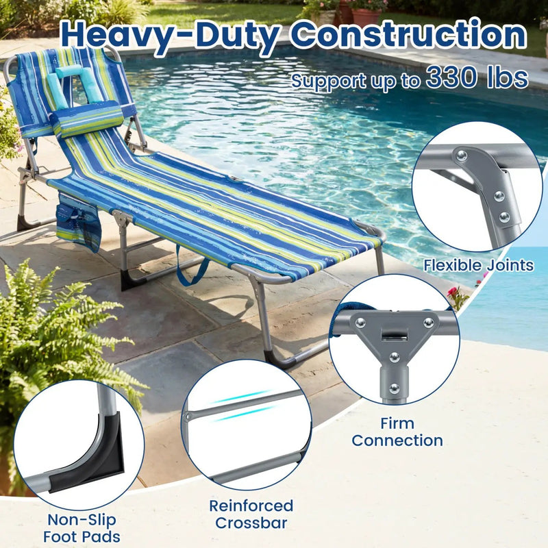 Set of 2 Tanning Chair Portable Chaise Lounge Chair with 4-Position Adjustable Backrest by DirectDeals
