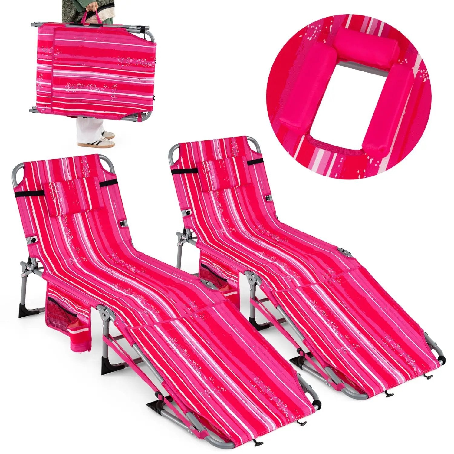 Set of 2 Tanning Chairs with Face Arm Holes Portable with 4-Level Backrest by DirectDeals
