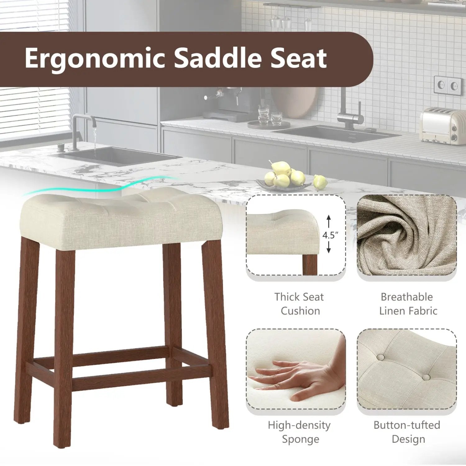 Set of 2 Upholstered Counter Height Bar Stool with Curved Saddle-Seat by DirectDeals