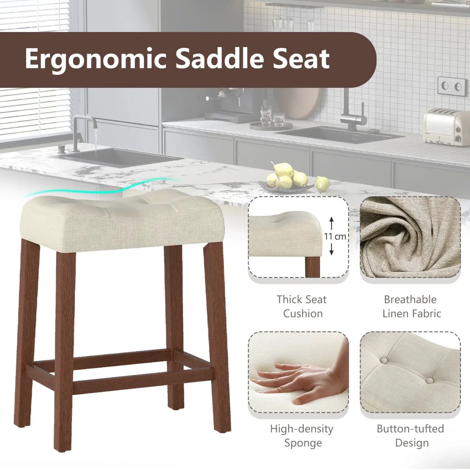 Set of 2 Upholstered Counter Height Bar Stool with Curved Saddle-Seat by DirectDeals