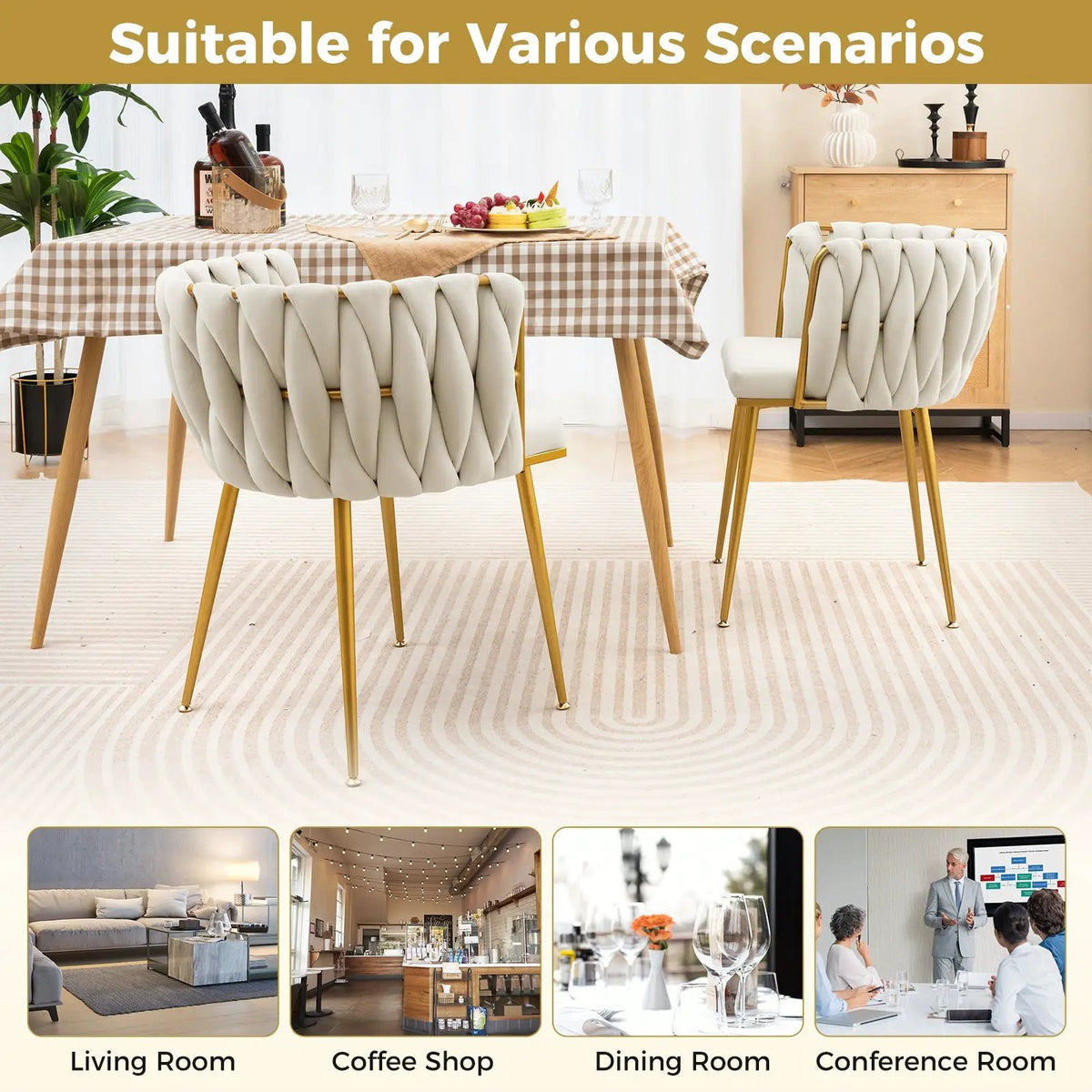 Set of 2 Upholstered Dining Chair w/ Curved Backrest and Metal Tubes by DirectDeals