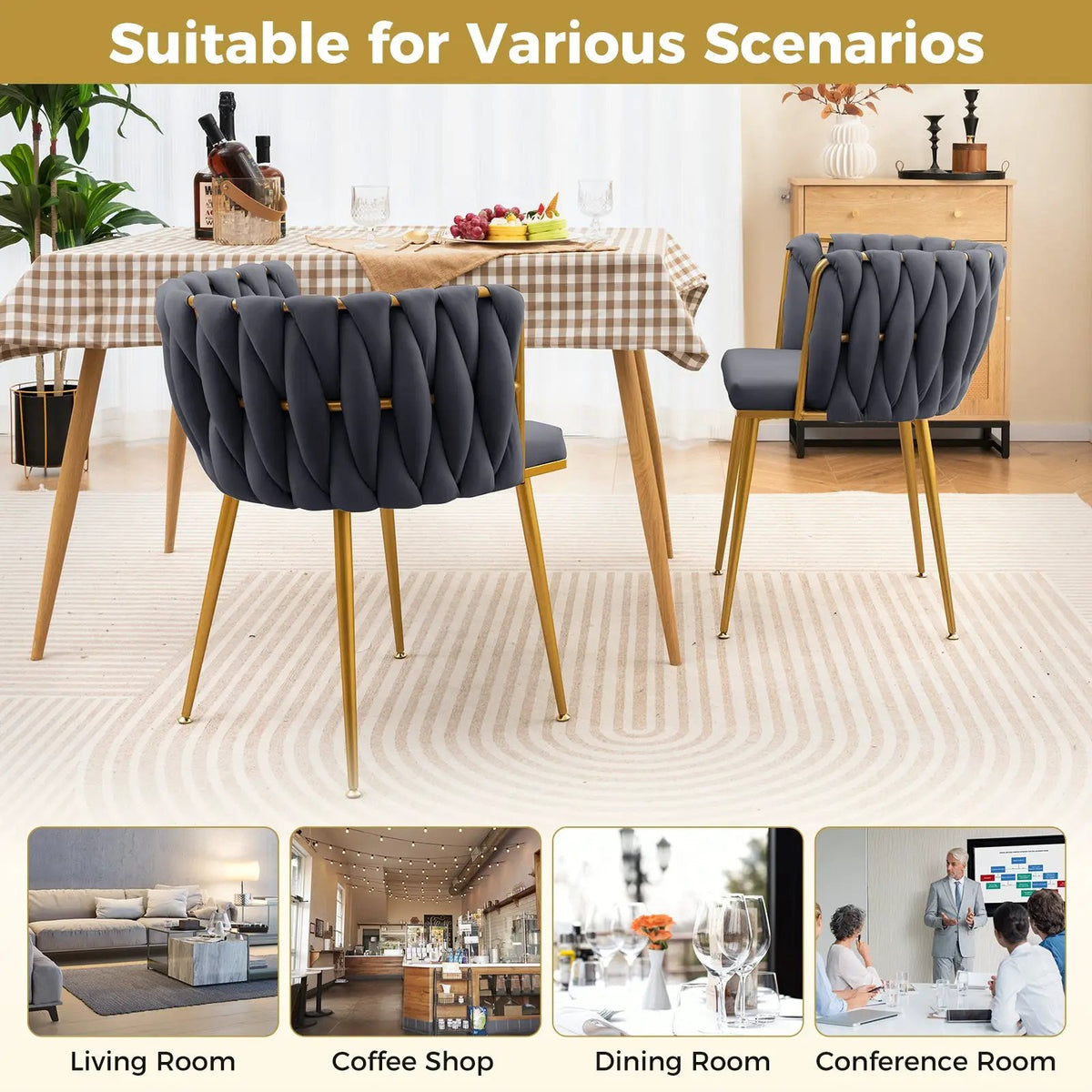 Set of 2 Upholstered Dining Chair w/ Curved Backrest and Metal Tubes by DirectDeals