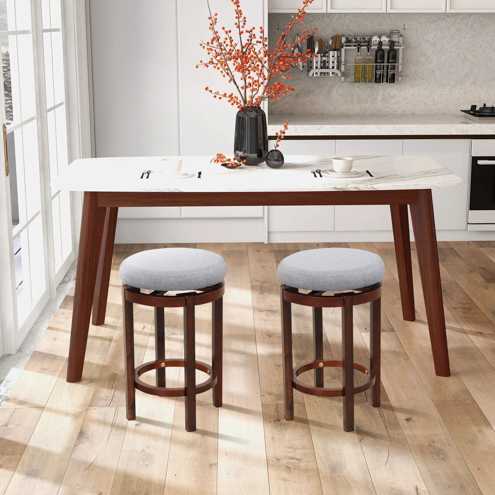 2 Pieces 26 Inch Counter Height Swivel Stool Set with Padded Cushion-Gray by DirectDeals