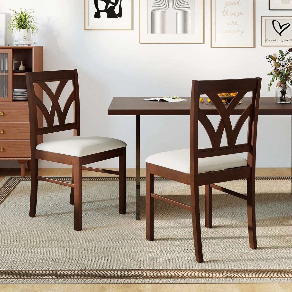 Set of 2 Wooden Dining Chairs Upholstered with Hollowed Backrest and Soft Padded Seat by DirectDeals