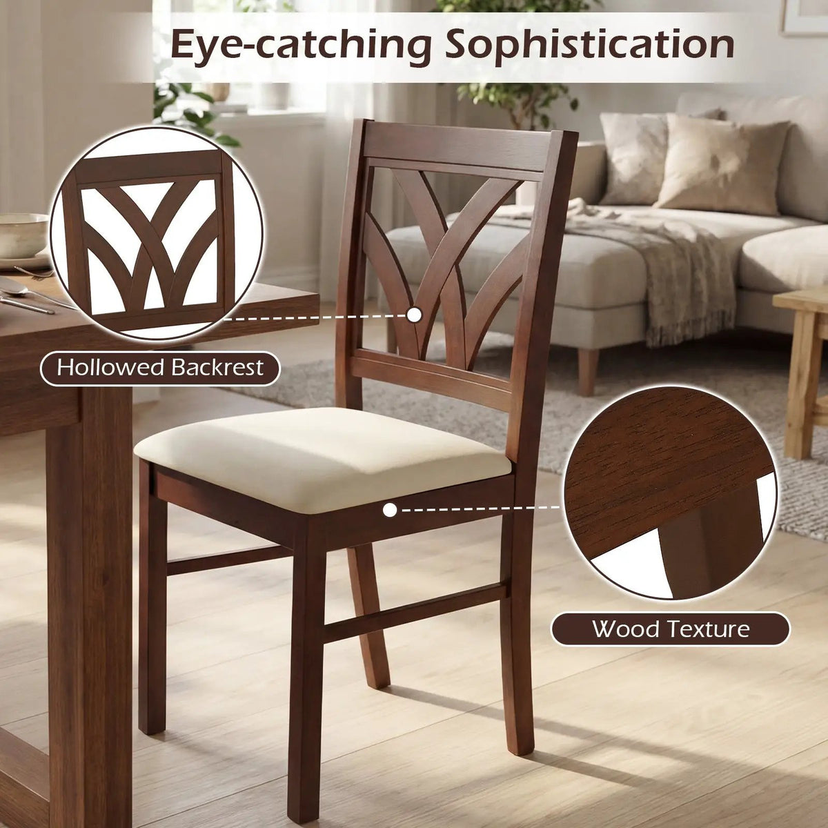 Set of 2 Wooden Dining Chairs Upholstered with Hollowed Backrest and Soft Padded Seat by DirectDeals