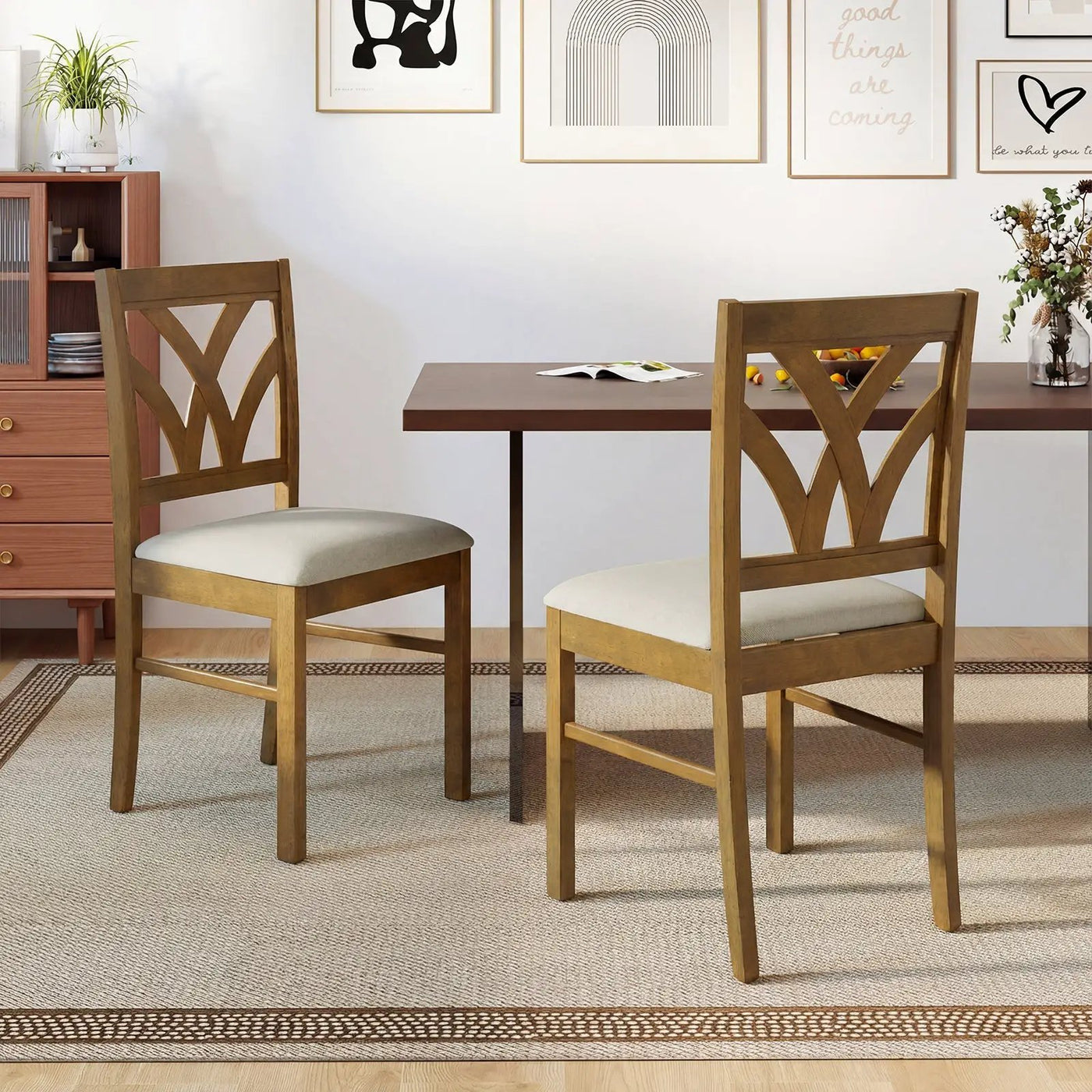 Set of 2 Wooden Dining Chairs Upholstered with Hollowed Backrest and Soft Padded Seat by DirectDeals
