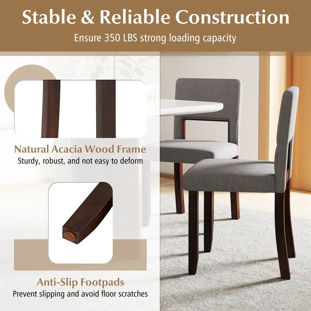 Set of 2 Wooden Dining Chair with Acacia Wood Frame Padded Seat and Back by DirectDeals