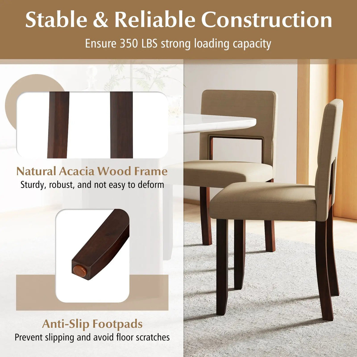 Set of 2 Wooden Dining Chair with Acacia Wood Frame Padded Seat and Back by DirectDeals