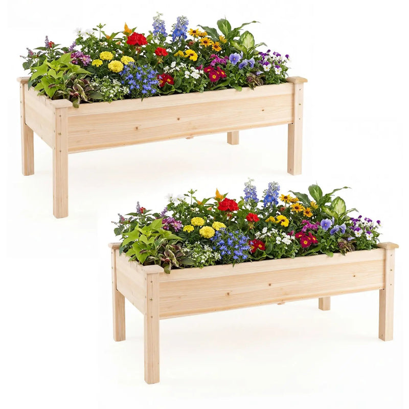 Set of 2 Wooden Raised Garden Bed with Legs Natural Fir Wood Elevated Planter Box by DirectDeals