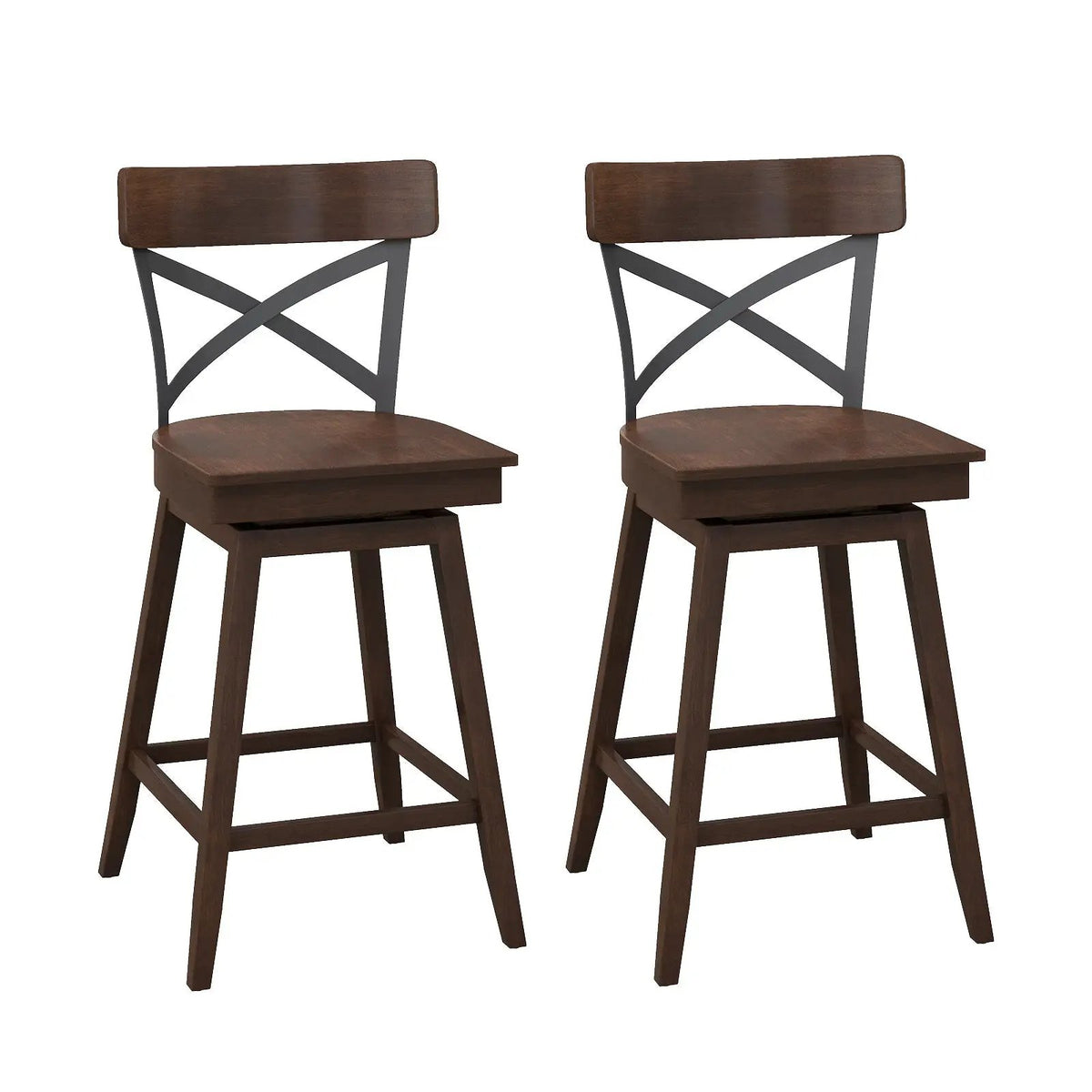 Set of 2 Wooden Swivel Bar Stools with Open X Back and Footrest by DirectDeals