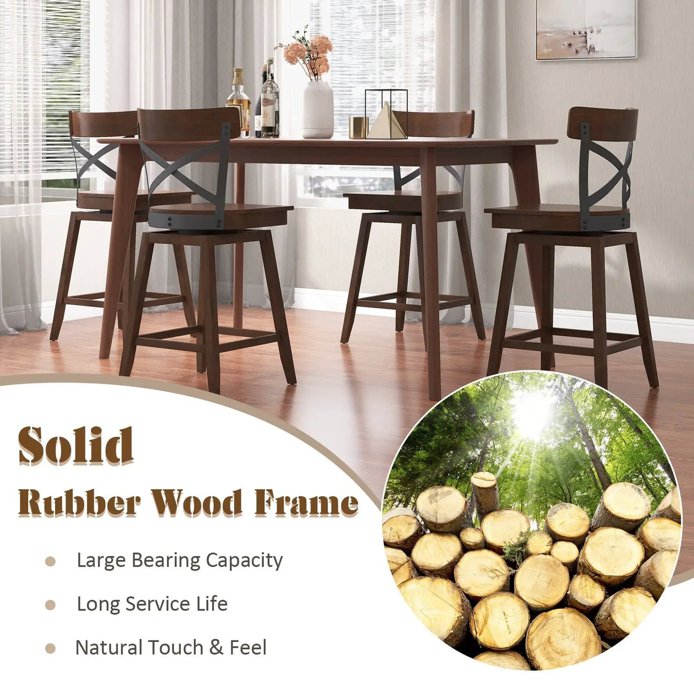 Set of 2 Wooden Swivel Bar Stools with Open X Back and Footrest by DirectDeals
