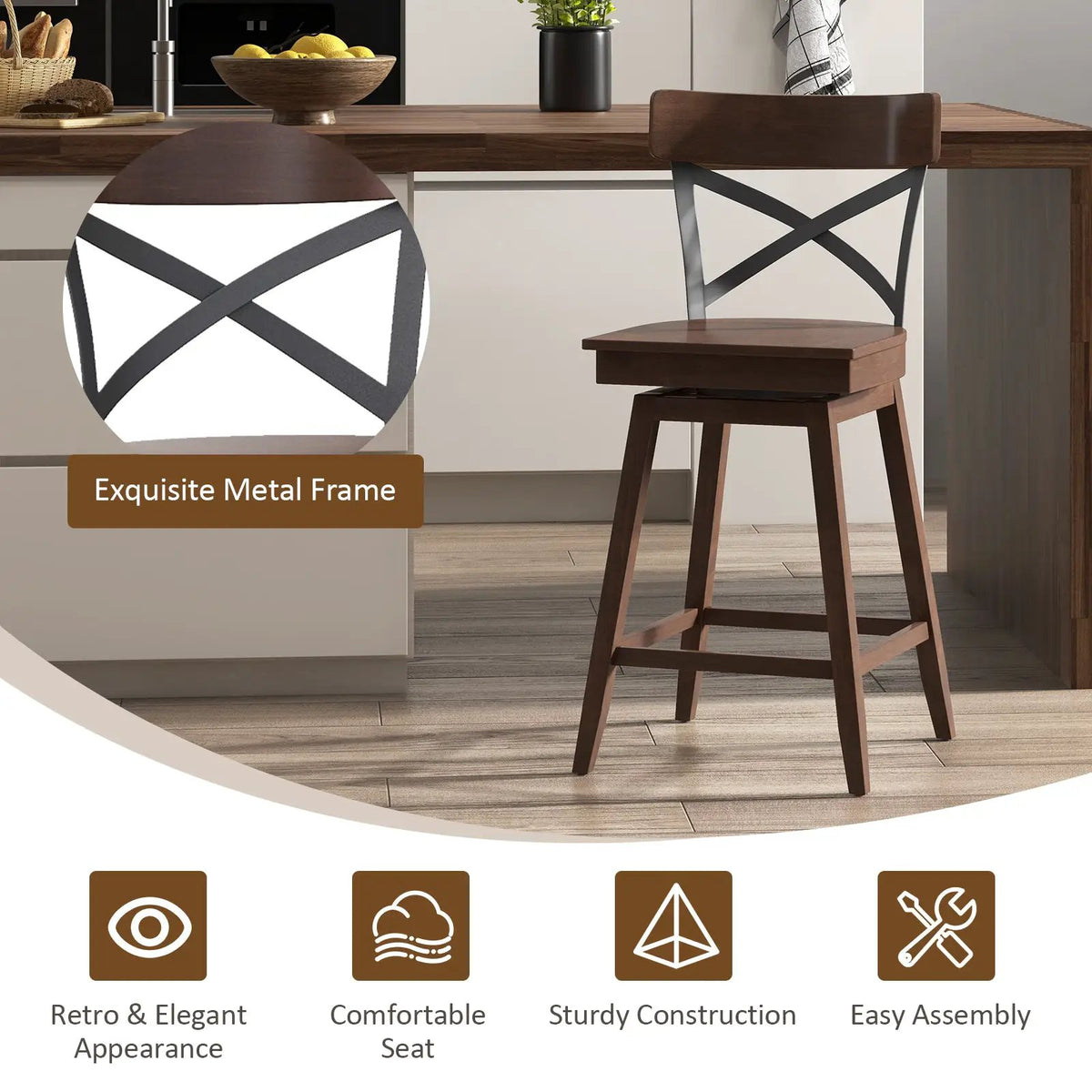 Set of 2 Wooden Swivel Bar Stools with Open X Back and Footrest by DirectDeals