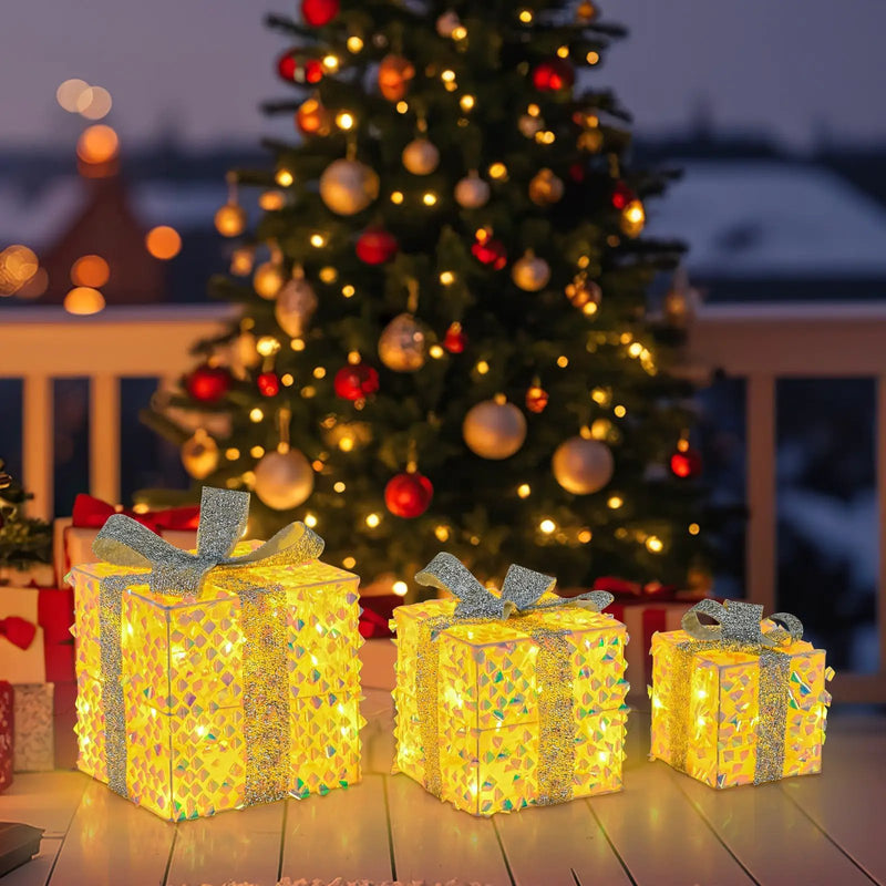Set of 3 Christmas Lighted Gift Boxes with Pre-lit 90 LED Light and Bows by DirectDeals