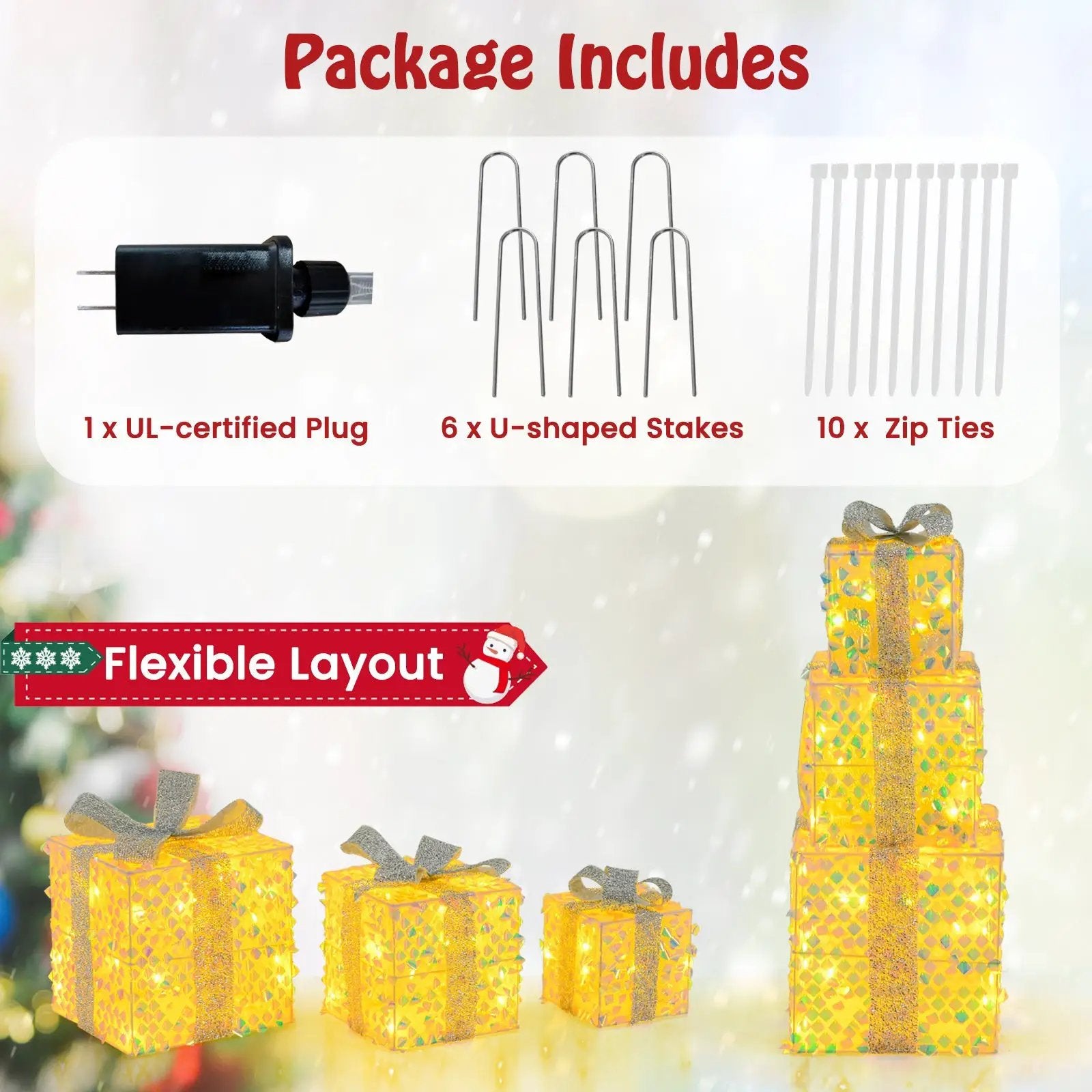 Set of 3 Christmas Lighted Gift Boxes with Pre-lit 90 LED Light and Bows by DirectDeals