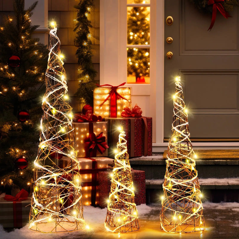 Set of 3 Lighted Rattan Cone Trees with LED Lights and Metal Frame by DirectDeals