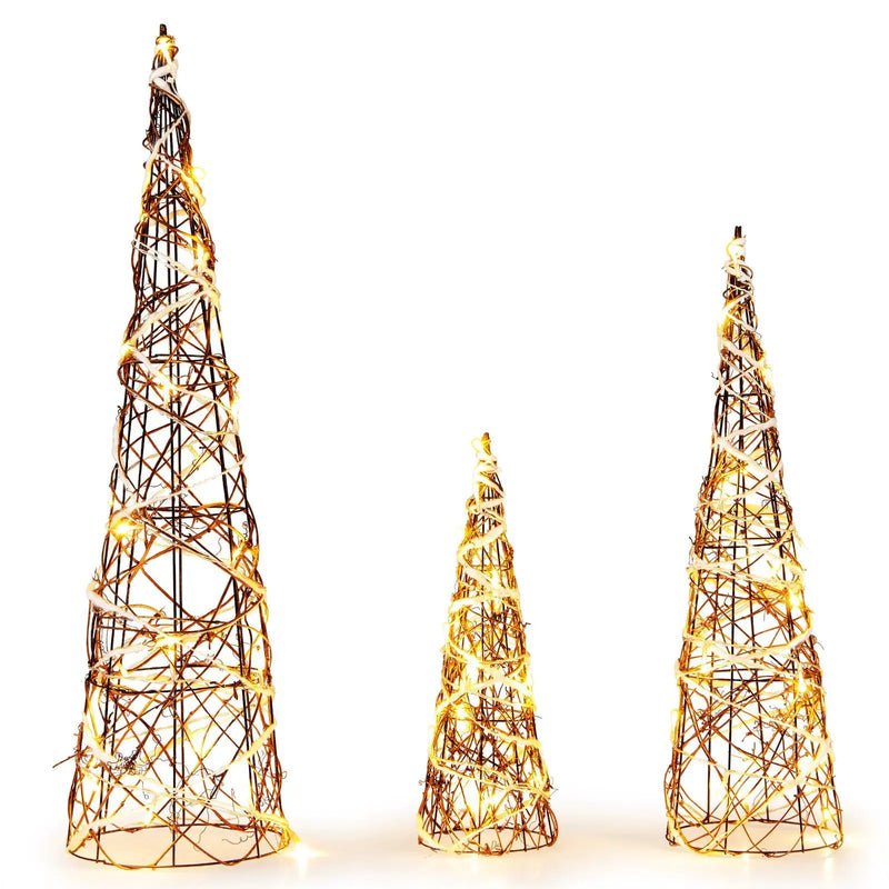 Set of 3 Lighted Rattan Cone Trees with LED Lights and Metal Frame by DirectDeals