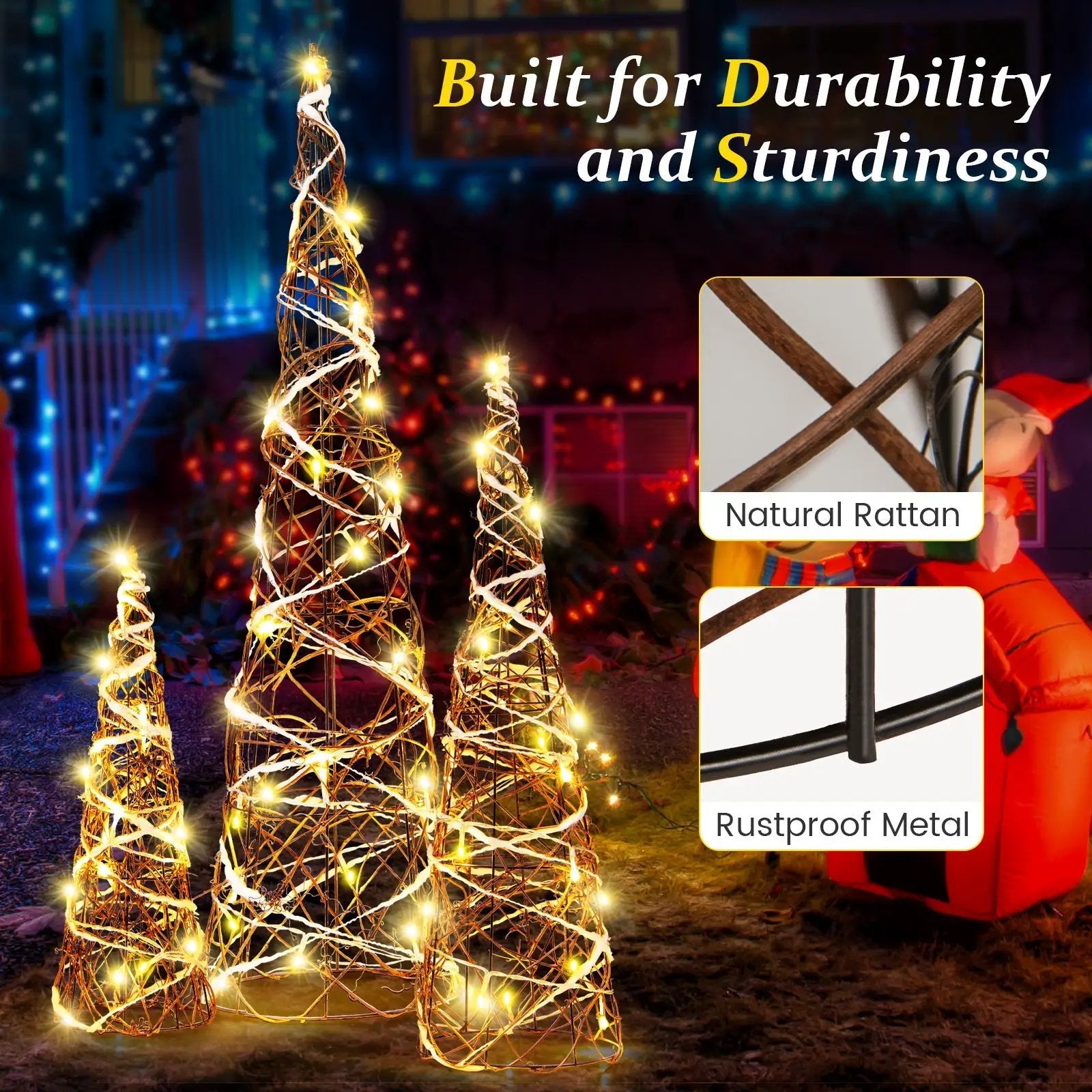 Set of 3 Lighted Rattan Cone Trees with LED Lights and Metal Frame by DirectDeals