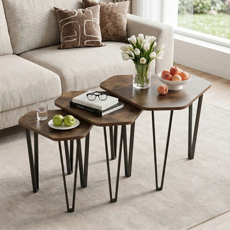 Nesting Coffee Tables Set of 3 with Metal Frame - Rustic Brown by DirectDeals