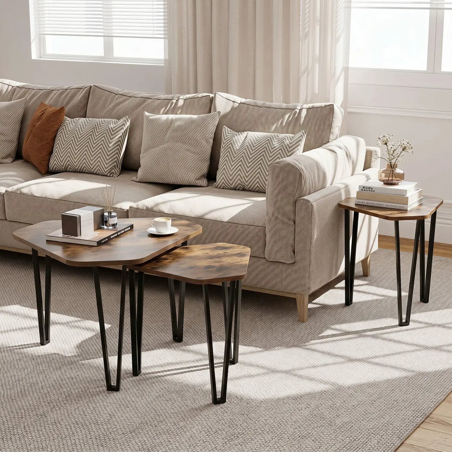 Nesting Coffee Tables Set of 3 with Metal Frame - Rustic Brown by DirectDeals