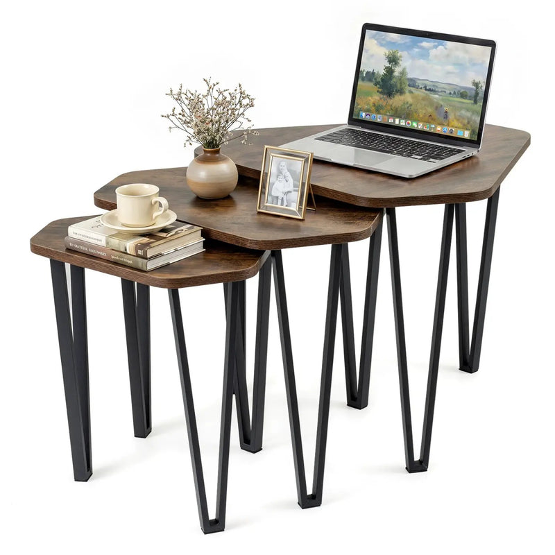 Nesting Coffee Tables Set of 3 with Metal Frame - Rustic Brown by DirectDeals