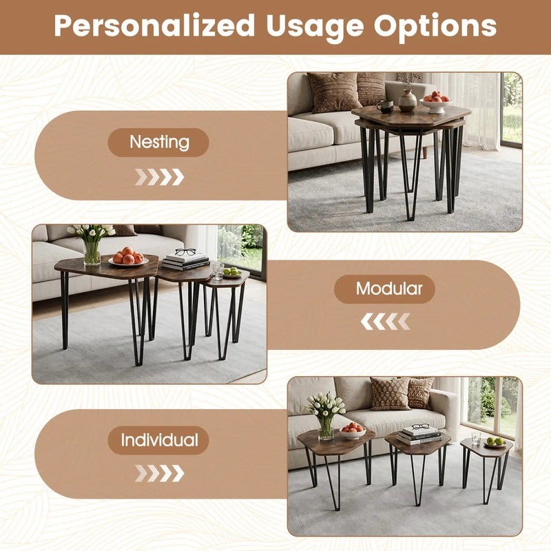 Nesting Coffee Tables Set of 3 with Metal Frame - Rustic Brown by DirectDeals