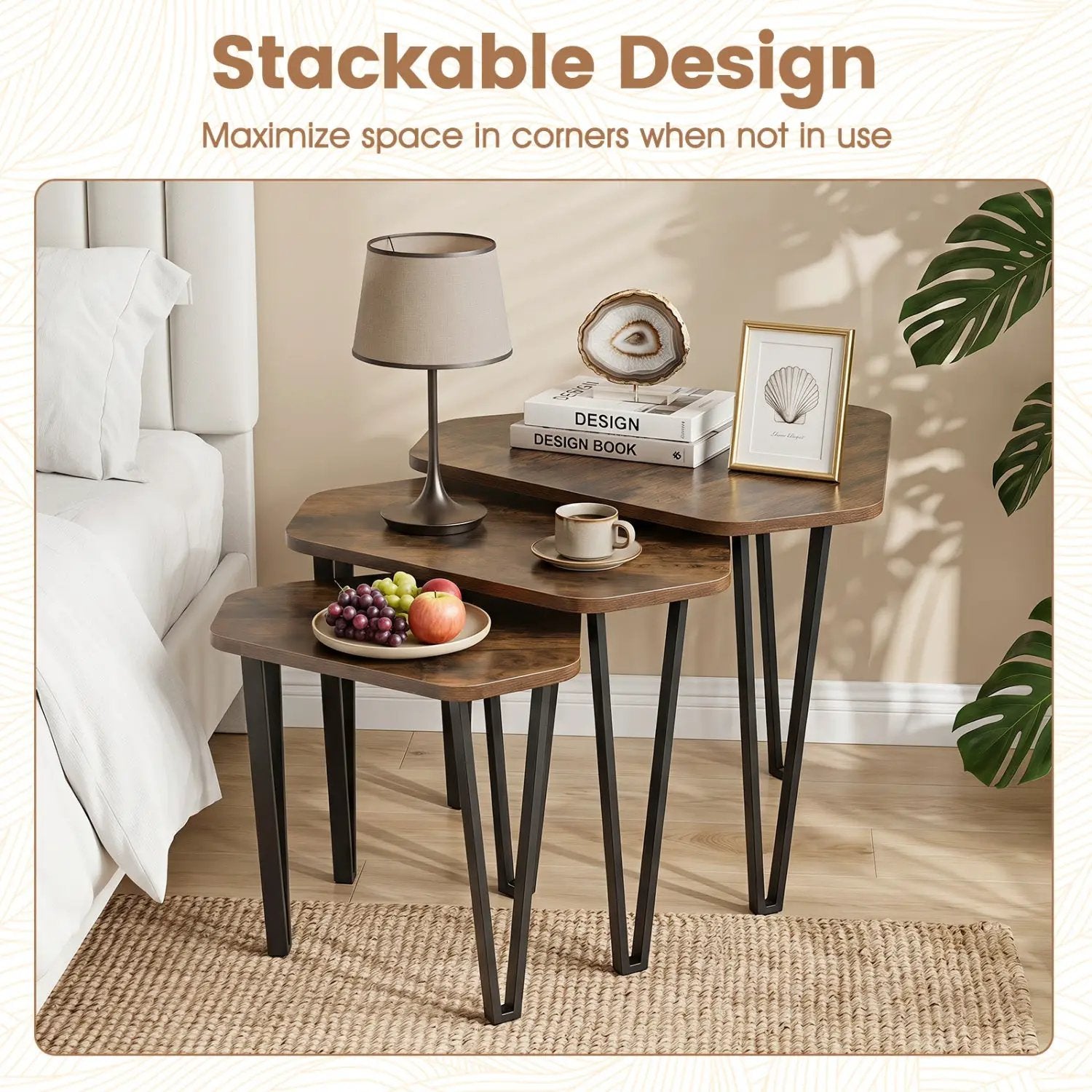 Nesting Coffee Tables Set of 3 with Metal Frame - Rustic Brown by DirectDeals