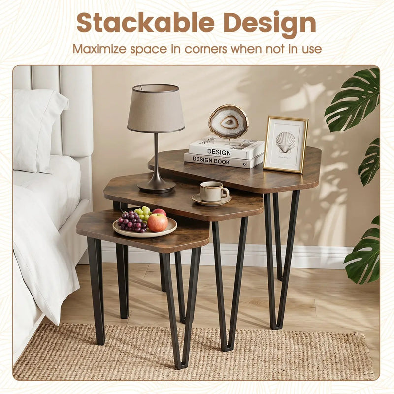 Nesting Coffee Tables Set of 3 with Metal Frame - Rustic Brown by DirectDeals