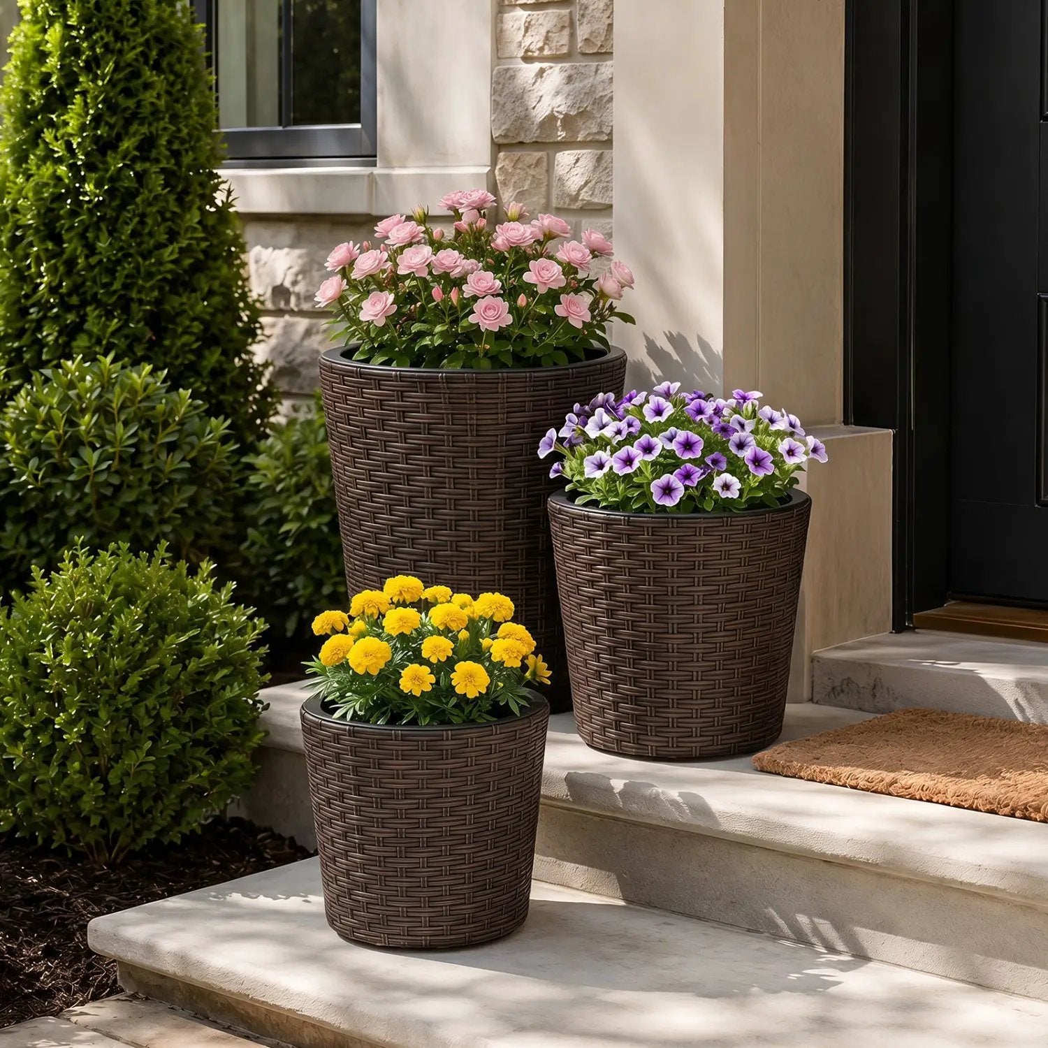 Plastic Rattan Planters Set of 3 with Drainage and Saucers by DirectDeals