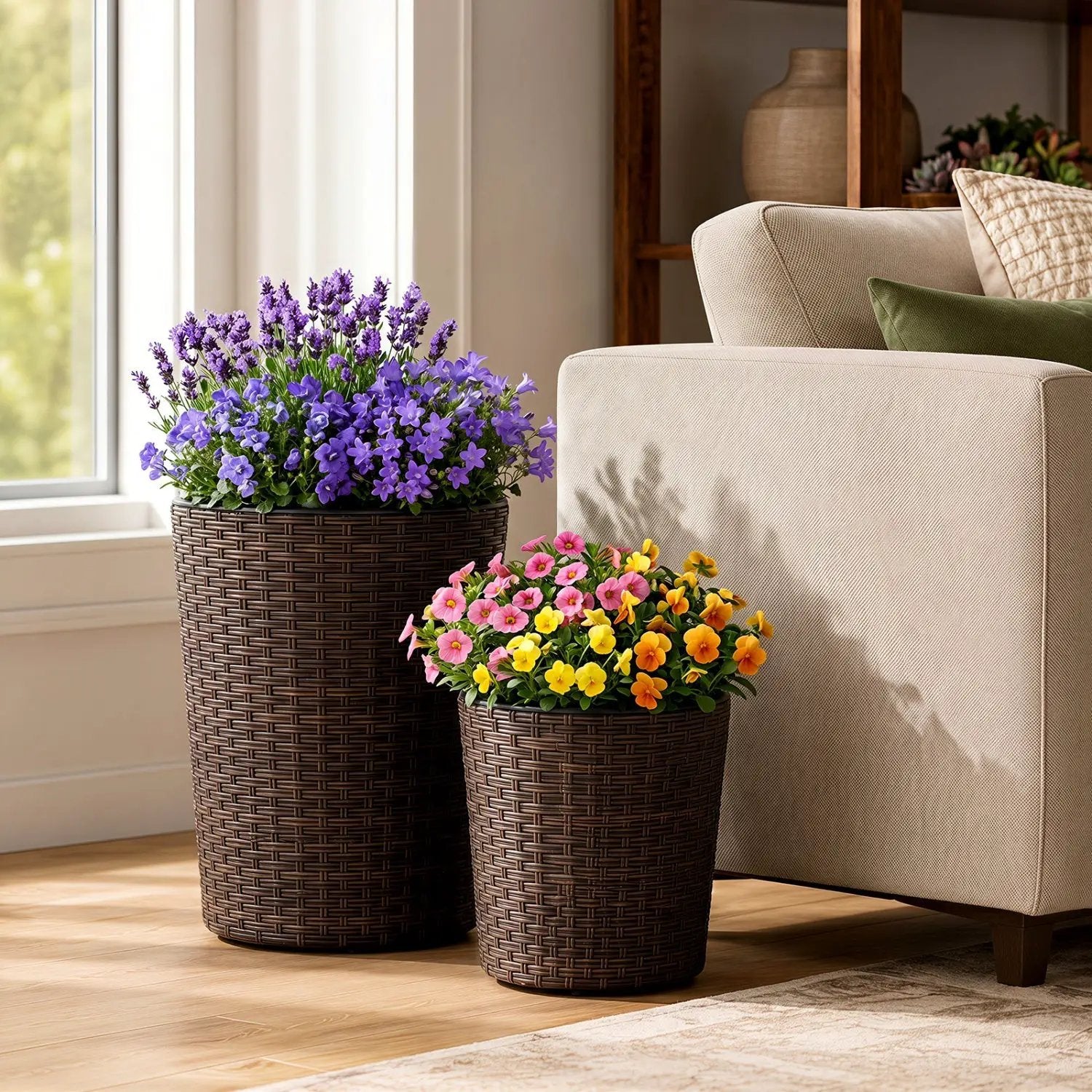 Plastic Rattan Planters Set of 3 with Drainage and Saucers by DirectDeals