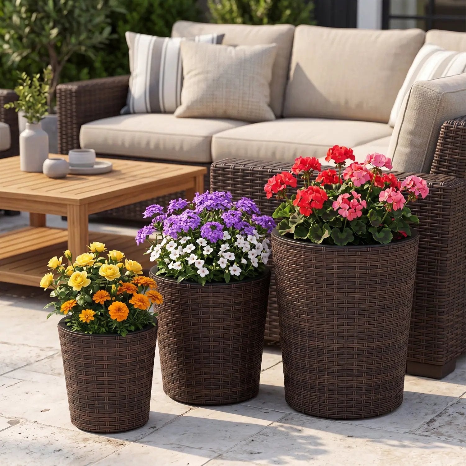 Plastic Rattan Planters Set of 3 with Drainage and Saucers by DirectDeals