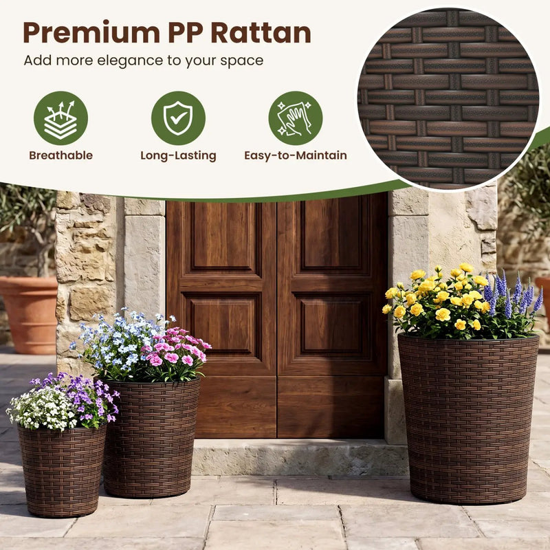 Plastic Rattan Planters Set of 3 with Drainage and Saucers by DirectDeals