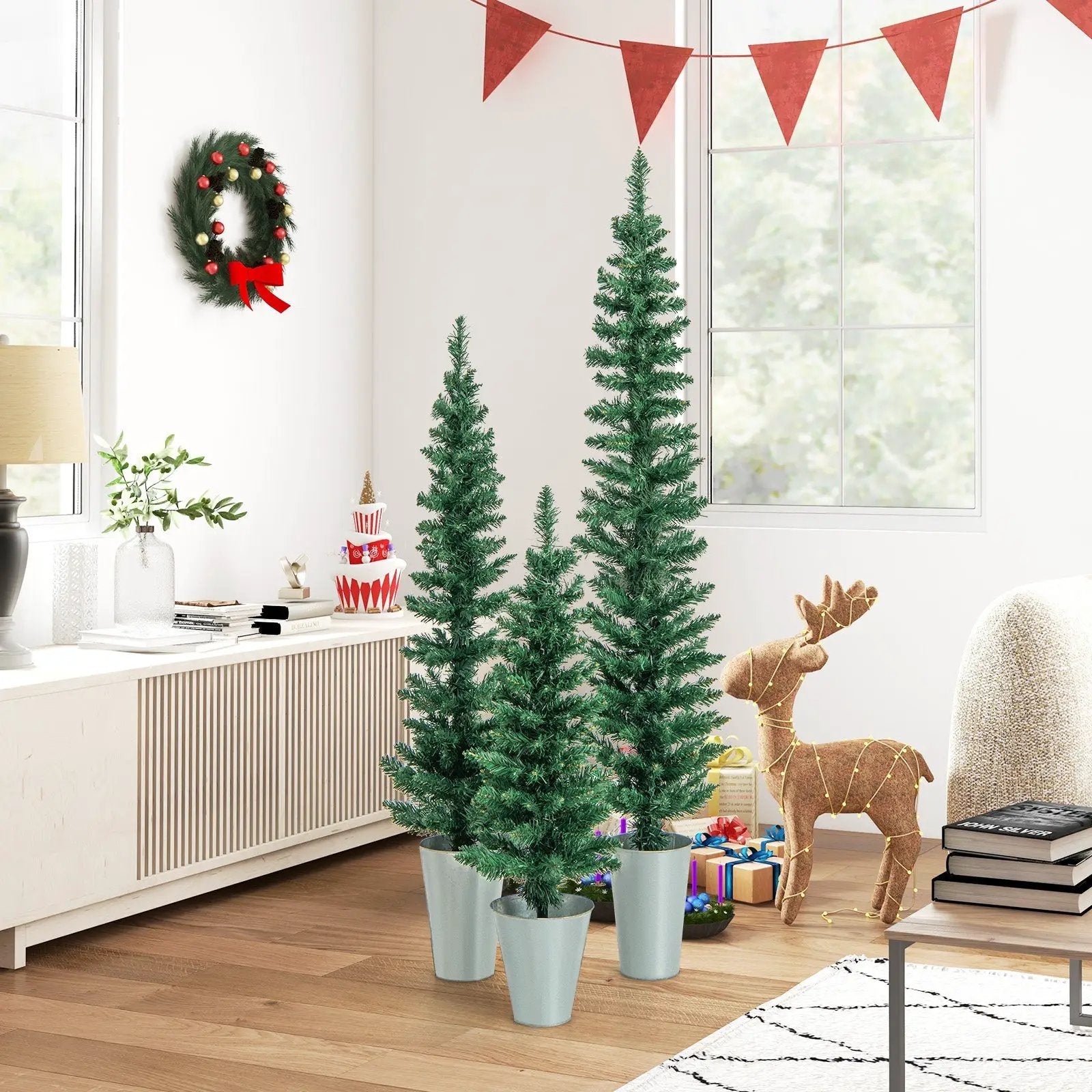 Set of 3 Potted Artificial Christmas Tree with Silver Metal Buckets by DirectDeals