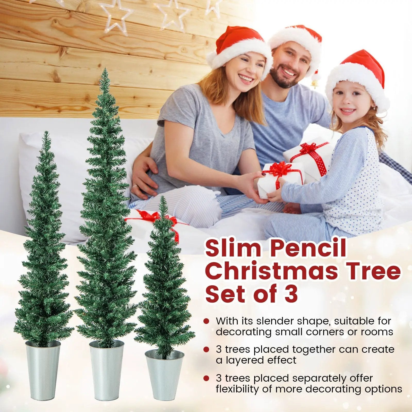 Set of 3 Potted Artificial Christmas Tree with Silver Metal Buckets by DirectDeals