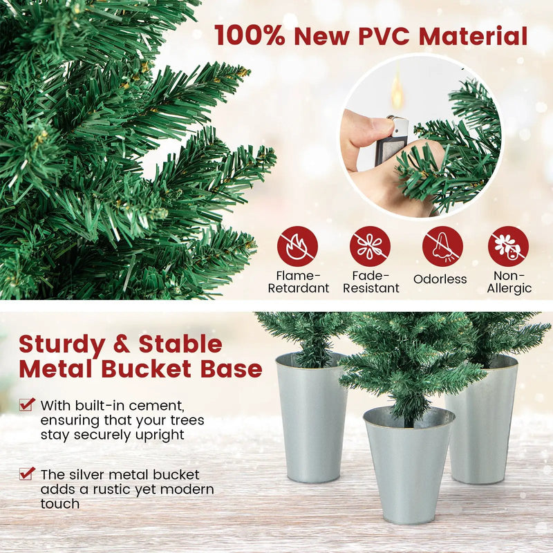 Set of 3 Potted Artificial Christmas Tree with Silver Metal Buckets by DirectDeals