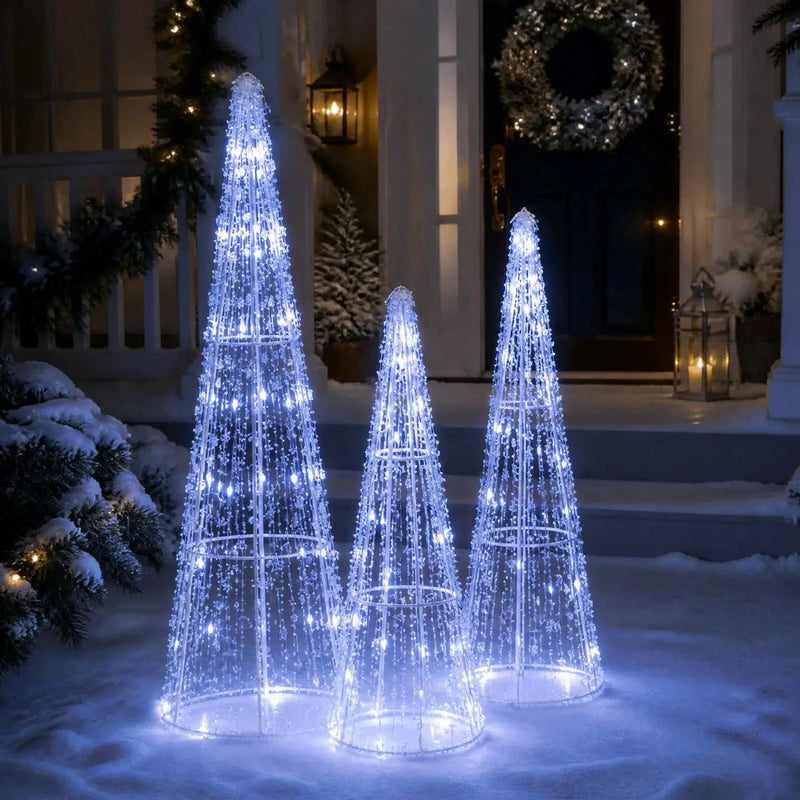 Pre-Lit Christmas Cone Trees Set of 3 with Cold White Lights by DirectDeals