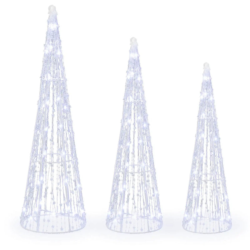 Pre-Lit Christmas Cone Trees Set of 3 with Cold White Lights by DirectDeals