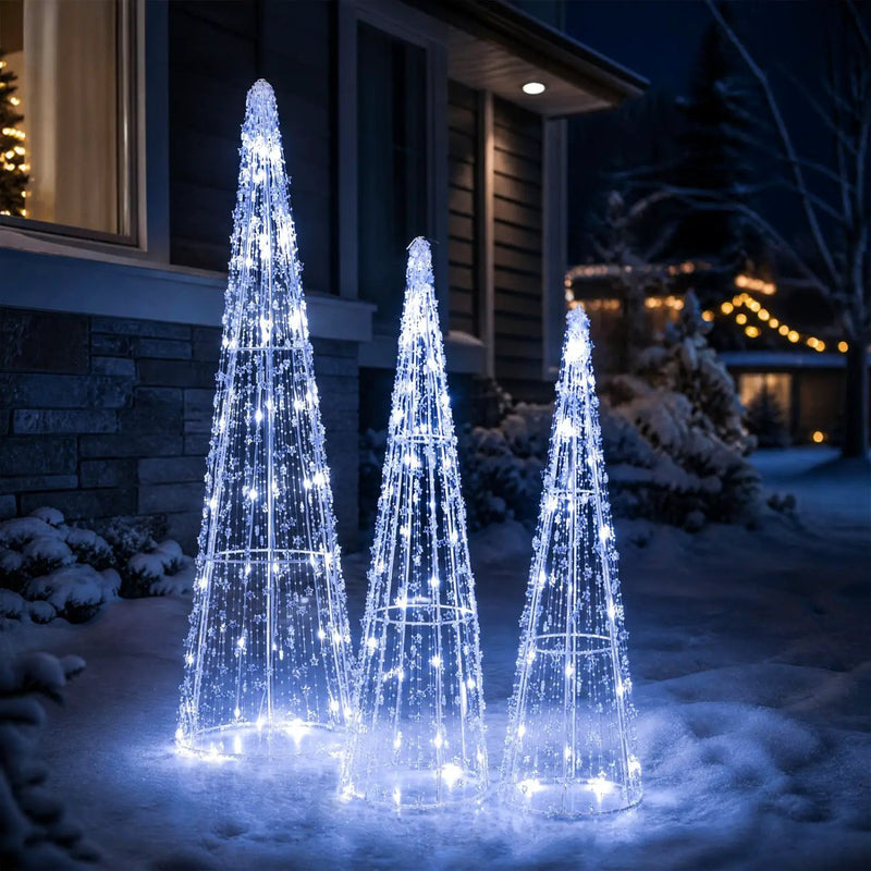 Pre-Lit Christmas Cone Trees Set of 3 with Cold White Lights by DirectDeals