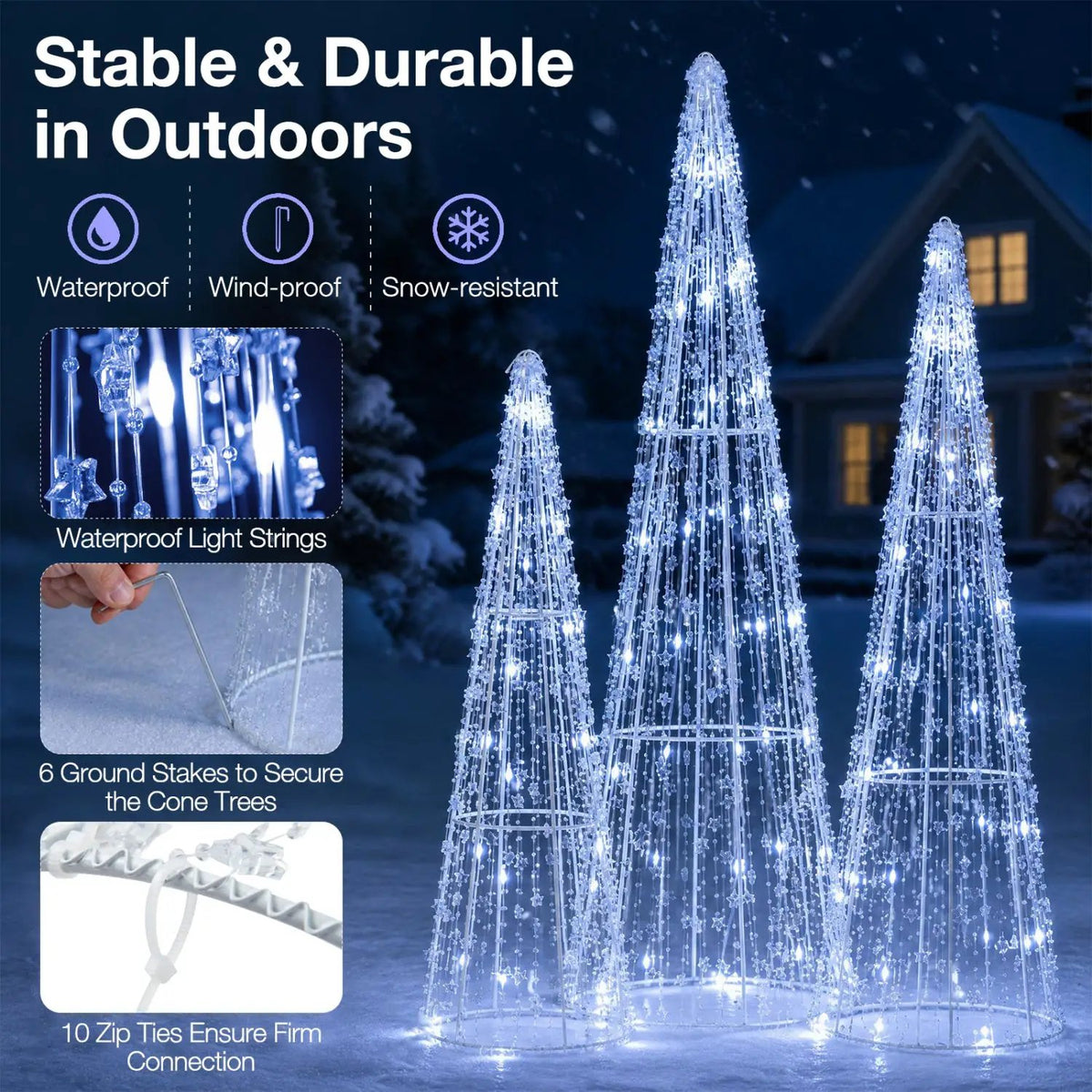 Pre-Lit Christmas Cone Trees Set of 3 with Cold White Lights by DirectDeals